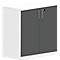 White office cabinet with two grey doors, silver handles, and a lock.