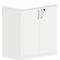 White filing cabinet with two doors and silver handles.
