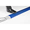 Black shoe stepping on a blue cable duct. Several cables come out of the duct.