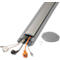 Gray cable duct with protruding cables and a cover with screws.
