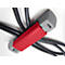 Gray cable clamps hold black cables, a red closure closes the clamps.