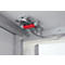 Silver cables held by a red band, attached to the ceiling. Bright environment.