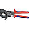 Cable cutter, red and blue with black cutting head, shows the Knipex brand.