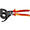 Black, red, and yellow cable cutter. Red-yellow handles, black blades, 'KNIPEX' inscription.