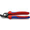 Knipex cable cutter with red and blue handles, with text details. The tool lies diagonally on a light background.