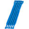 Five blue cable ties lie diagonally from the bottom left to the top right. Each has a rectangular head with holes.
