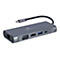 Grauer USB-C-Hub mit verschiedenen AnschlÃ¼ssen, Kabel mit Stecker oben.