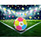 Un ballon de football coloré sur un terrain de football entouré de confettis, avec un stade en arrière-plan.