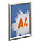 Un cadre clippant argenté au format A4 avec une affiche bleue portant un logo A4 orange.