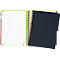 Cahier ouvert avec spirale, pages quadrillées, accents verts et jaunes, chemise noire.