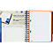 Cahier à spirales ouvert avec bord orange et pages lignées. Texte publicitaire à gauche avec code QR.