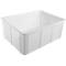 Boîte en plastique blanche rectangulaire et transparente. Le bord est légèrement arrondi. Le conteneur repose sur de petits pieds.