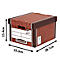 Boîte de rangement marron, avec dimensions, logos et marque FSC. Dimensions : 25,4 cm x 33,3 cm x 38,1 cm.