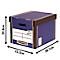 Boîte d'archives bleue avec bords marron et dimensions : 29,8 cm de haut, 33,3 cm de large, 38,1 cm de profondeur. Marqué 'Bankers Box' et 'Presto'.