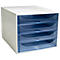 Organisateur de bureau blanc avec quatre tiroirs bleus.