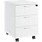 Classeur blanc avec trois tiroirs, poignées argentées et roulettes.