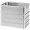 Caja de almacenamiento rectangular de aluminio plateado con asas laterales sobre un fondo neutro.