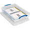 Caja de almacenamiento A4 transparente con tapa, llena de hojas con "A4" impreso. Asas y tapa azules.
