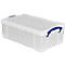 Caja de almacenamiento transparente con asa azul, rectangular, sin contenido.