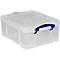 Caja de plástico transparente con asa azul, tapa cerrada.