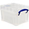Caja de plástico transparente con asa azul. La tapa se cierra al ras. La caja está sobre una superficie blanca.