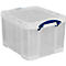Caja de plástico transparente con tapa y asa azul.