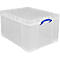 Caja de plástico transparente con tapa y asa azul.