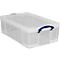 Caja de plástico transparente con asa y tapa azules, fotografiada ligeramente en ángulo.