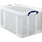 Caja de transporte Really Useful Box, volumen 84 l, L 710 x A 440 x A 380 mm, apilable, con tapa y asas plegables, PP reciclado, transparente