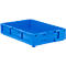 Caja de plástico azul con asas. La caja está ligeramente inclinada.