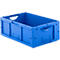 Caja de plástico azul con asas. Abierta en la parte superior, forma rectangular. Los detalles son visibles en la imagen.
