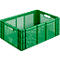 Caja de plástico verde con estructura de rejilla, rectangular, con aberturas de asa en los laterales.