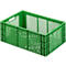 Caja de plástico verde con patrón de malla. Forma rectangular con aberturas para asas en los laterales.