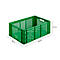 Caja de plástico verde, rectangular, con patrón de malla, dimensiones etiquetadas. La caja está sobre un fondo blanco.