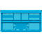 Caja de transporte plegable azul claro. Forma rectangular, con agujeros y asas. La tapa está cerrada.