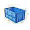 Caja de plástico azul plegable, con dimensiones de 600 x 400 x 320 mm. Se ven asas y mecanismos.