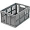 Caja de plástico gris plegable con patrón de agujeros. La caja tiene un cuerpo rectangular con aberturas para las asas.