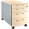 Armario de oficina móvil, madera clara, lado gris, 4 cajones con manijas plateadas, cerradura.