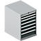 Caja de herramientas gris con seis cajones. Manijas de metal, cajones oscuros, cuerpo gris claro.