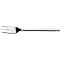 Close-up of a polished, three-tined metal fork with a slightly curved handle.