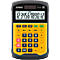 Calculatrice Casio jaune et noire. L'écran affiche les chiffres 1234567890.12. Boutons avec des étiquettes telles que COST, SELL, MAR, TAX- et TAX+.