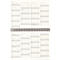 Un calendrier blanc ouvert avec une reliure spirale. Les pages sont imprimées avec des champs gris pour les jours, les semaines et les mois.