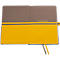 Cahier ouvert, marron-jaune, avec texte 'linescape'. Deux signets gris.