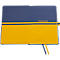 Cahier bleu et jaune, lettrage 'linescape'. Deux rubans comme signets.