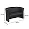 Banc noir semi-circulaire avec dimensions. 770 mm de haut, 630 mm de profondeur, 1290 mm de large. L'assise est divisée en trois sections.