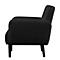 Vue latérale d'un fauteuil noir. Le fauteuil a quatre pieds en bois noir, une assise et un dossier rembourrés.
