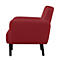 Un fauteuil rouge de côté, pieds noirs, sur fond blanc.