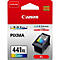 Verpackung einer Canon 441XL Color Tintenpatrone. Roter Hintergrund, blaue, gelbe, violette Akzente. Schriftzüge: "GENUINE", "Canon", "PIXMA", "FINE".