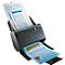 A black Canon scanner is pulling in documents. Papers are in the feeder above, and a sheet is being output below. Blue lights.