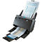 Black Canon scanner with documents inserted, in the process of scanning. Paper is fed in at the top and output at the bottom.